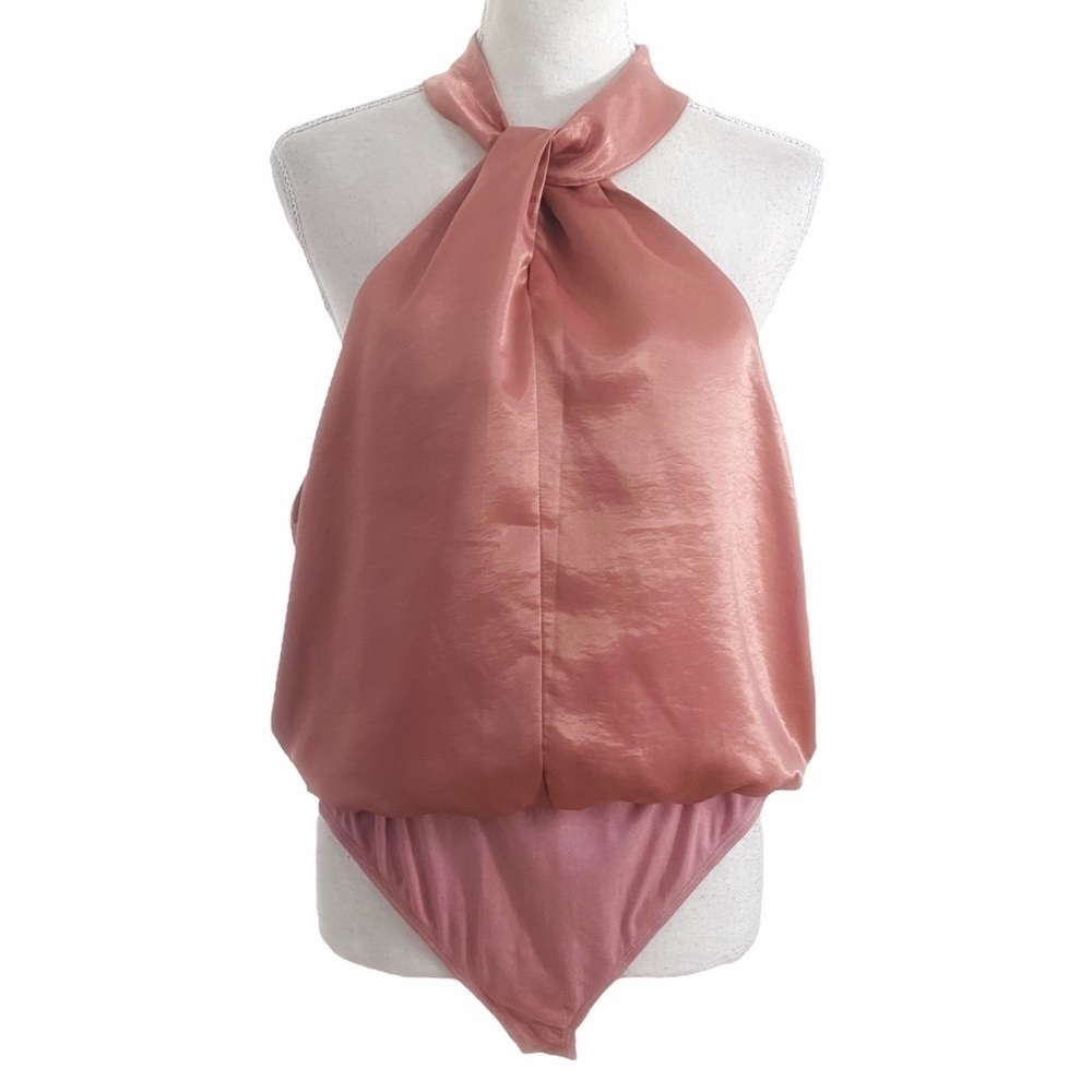 NWT MORE TO COME DEVON PINK SATIN HALTER CUT OUT SLEEVELESS BODYSUIT - XL